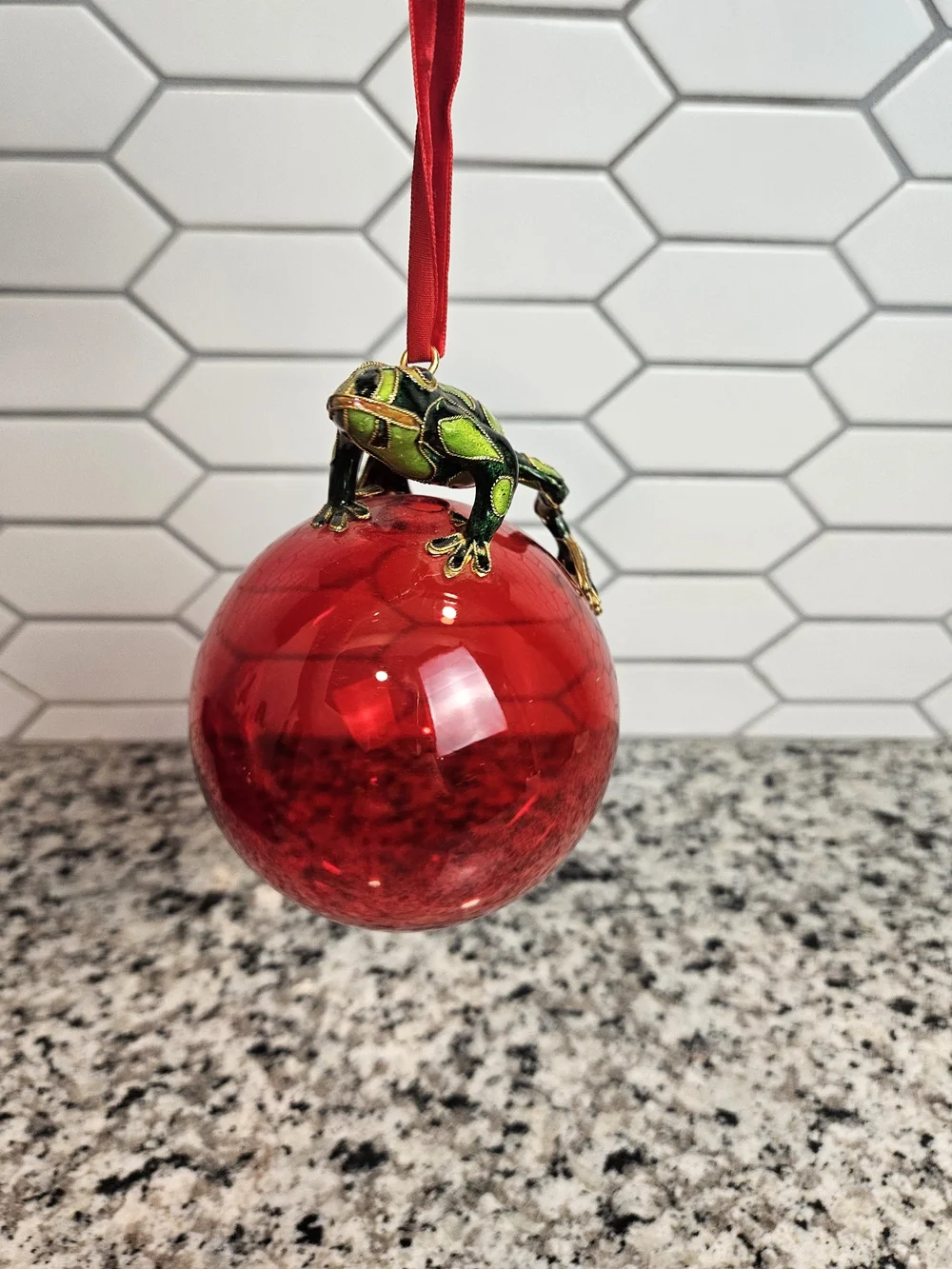Cloisonne Green Frog Ornament on Red Glass Holiday Ball